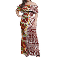 Hawaiian Plumeria Lei Off Shoulder Maxi Dress Kakau Motifs and Palaka Half Style Red Color LT03 Women Red - Polynesian Pride