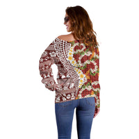 Hawaiian Plumeria Lei Off Shoulder Sweater Kakau Motifs and Palaka Half Style Red Color LT03 - Polynesian Pride