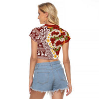 Hawaiian Plumeria Lei Raglan Cropped T Shirt Kakau Motifs and Palaka Half Style Red Color LT03 - Polynesian Pride