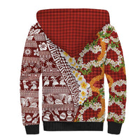 Hawaiian Plumeria Lei Sherpa Hoodie Kakau Motifs and Palaka Half Style Red Color LT03 - Polynesian Pride