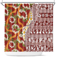 Hawaiian Plumeria Lei Shower Curtain Kakau Motifs and Palaka Half Style Red Color LT03 Red - Polynesian Pride
