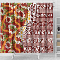 Hawaiian Plumeria Lei Shower Curtain Kakau Motifs and Palaka Half Style Red Color LT03 - Polynesian Pride