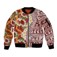 Hawaiian Plumeria Lei Sleeve Zip Bomber Jacket Kakau Motifs and Palaka Half Style Red Color LT03 Unisex Red - Polynesian Pride