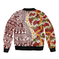 Hawaiian Plumeria Lei Sleeve Zip Bomber Jacket Kakau Motifs and Palaka Half Style Red Color LT03 - Polynesian Pride