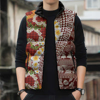 Hawaiian Plumeria Lei Sleeveless Puffer Jacket Kakau Motifs and Palaka Half Style Red Color LT03 - Polynesian Pride