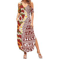 Hawaiian Plumeria Lei Summer Maxi Dress Kakau Motifs and Palaka Half Style Red Color LT03 Women Red - Polynesian Pride