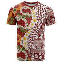 Hawaiian Plumeria Lei T Shirt Kakau Motifs and Palaka Half Style Red Color LT03 Red - Polynesian Pride