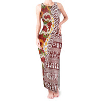 Hawaiian Plumeria Lei Tank Maxi Dress Kakau Motifs and Palaka Half Style Red Color LT03 Women Red - Polynesian Pride