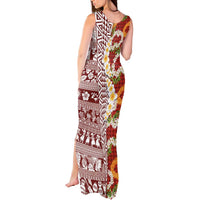Hawaiian Plumeria Lei Tank Maxi Dress Kakau Motifs and Palaka Half Style Red Color LT03 - Polynesian Pride