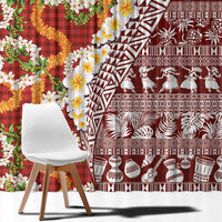 Hawaiian Plumeria Lei Window Curtain Kakau Motifs and Palaka Half Style Red Color - Polynesian Pride