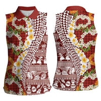 Hawaiian Plumeria Lei Women Sleeveless Polo Shirt Kakau Motifs and Palaka Half Style Red Color LT03 - Polynesian Pride