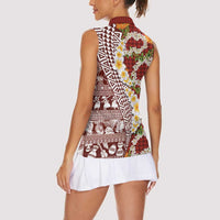 Hawaiian Plumeria Lei Women Sleeveless Polo Shirt Kakau Motifs and Palaka Half Style Red Color LT03 - Polynesian Pride