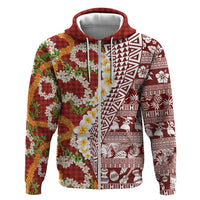 Hawaiian Plumeria Lei Zip Hoodie Kakau Motifs and Palaka Half Style Red Color LT03 Zip Hoodie Red - Polynesian Pride