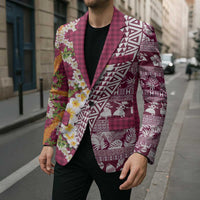 Hawaiian Plumeria Lei Blazer Kakau Motifs and Palaka Half Style Pink Color - Polynesian Pride