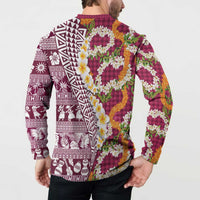 Hawaiian Plumeria Lei Button Sweatshirt Kakau Motifs and Palaka Half Style Pink Color - Polynesian Pride