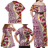 Hawaiian Plumeria Lei Family Matching Off Shoulder Maxi Dress and Hawaiian Shirt Kakau Motifs and Palaka Half Style Pink Color LT03 - Polynesian Pride