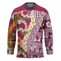Hawaiian Plumeria Lei Hockey Jersey Kakau Motifs and Palaka Half Style Pink Color LT03 Unisex Pink - Polynesian Pride