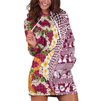 Hawaiian Plumeria Lei Hoodie Dress Kakau Motifs and Palaka Half Style Pink Color LT03 Pink - Polynesian Pride