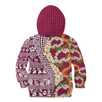 Hawaiian Plumeria Lei Kid Hoodie Kakau Motifs and Palaka Half Style Pink Color LT03 - Polynesian Pride