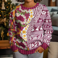 Hawaiian Plumeria Lei Kid Ugly Christmas Sweater Kakau Motifs and Palaka Half Style Pink Color LT03 - Polynesian Pride