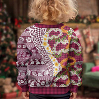 Hawaiian Plumeria Lei Kid Ugly Christmas Sweater Kakau Motifs and Palaka Half Style Pink Color LT03 - Polynesian Pride
