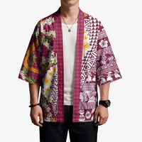 Hawaiian Plumeria Lei Kimono Kakau Motifs and Palaka Half Style Pink Color LT03 - Polynesian Pride