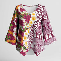 Hawaiian Plumeria Lei Kimono Sleeve Blouse Kakau Motifs and Palaka Half Style Pink Color LT03 Female Pink - Polynesian Pride