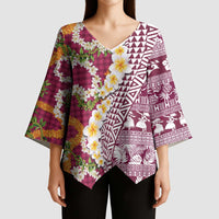 Hawaiian Plumeria Lei Kimono Sleeve Blouse Kakau Motifs and Palaka Half Style Pink Color LT03 - Polynesian Pride