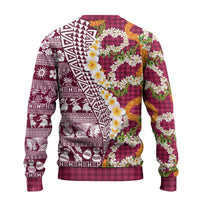 Hawaiian Plumeria Lei Ugly Christmas Sweater Kakau Motifs and Palaka Half Style Pink Color LT03 - Polynesian Pride