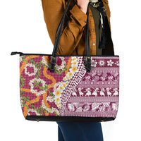 Hawaiian Plumeria Lei Leather Tote Bag Kakau Motifs and Palaka Half Style Pink Color LT03 - Polynesian Pride