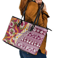 Hawaiian Plumeria Lei Leather Tote Bag Kakau Motifs and Palaka Half Style Pink Color LT03 - Polynesian Pride