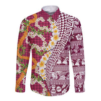 Hawaiian Plumeria Lei Long Sleeve Button Shirt Kakau Motifs and Palaka Half Style Pink Color LT03 Unisex Pink - Polynesian Pride