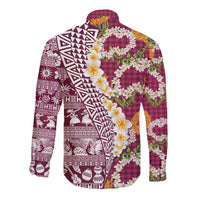 Hawaiian Plumeria Lei Long Sleeve Button Shirt Kakau Motifs and Palaka Half Style Pink Color LT03 - Polynesian Pride