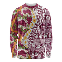 Hawaiian Plumeria Lei Long Sleeve Shirt Kakau Motifs and Palaka Half Style Pink Color LT03 Unisex Pink - Polynesian Pride