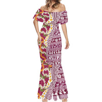 Hawaiian Plumeria Lei Mermaid Dress Kakau Motifs and Palaka Half Style Pink Color LT03 - Polynesian Pride