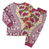 Hawaiian Plumeria Lei Christmas Pajama Set Kakau Motifs and Palaka Half Style Pink Color LT03 - Polynesian Pride