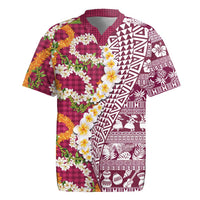 Hawaiian Plumeria Lei Rugby Jersey Kakau Motifs and Palaka Half Style Pink Color LT03 Pink - Polynesian Pride