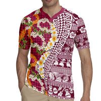 Hawaiian Plumeria Lei Rugby Jersey Kakau Motifs and Palaka Half Style Pink Color LT03 - Polynesian Pride