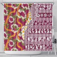Hawaiian Plumeria Lei Shower Curtain Kakau Motifs and Palaka Half Style Pink Color LT03 - Polynesian Pride