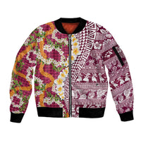 Hawaiian Plumeria Lei Sleeve Zip Bomber Jacket Kakau Motifs and Palaka Half Style Pink Color LT03 Unisex Pink - Polynesian Pride