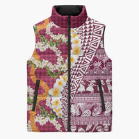 Hawaiian Plumeria Lei Sleeveless Puffer Jacket Kakau Motifs and Palaka Half Style Pink Color LT03 Unisex Pink - Polynesian Pride