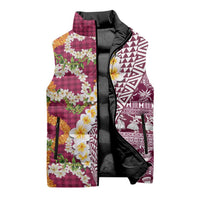 Hawaiian Plumeria Lei Sleeveless Puffer Jacket Kakau Motifs and Palaka Half Style Pink Color LT03 - Polynesian Pride