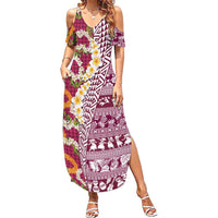 Hawaiian Plumeria Lei Summer Maxi Dress Kakau Motifs and Palaka Half Style Pink Color LT03 Women Pink - Polynesian Pride