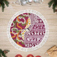 Hawaiian Plumeria Lei Tree Skirt Kakau Motifs and Palaka Half Style Pink Color LT03 Fringed Pink - Polynesian Pride