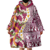 Hawaiian Plumeria Lei Wearable Blanket Hoodie Kakau Motifs and Palaka Half Style Pink Color LT03 - Polynesian Pride