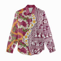 Hawaiian Plumeria Lei Women Casual Shirt Kakau Motifs and Palaka Half Style Pink Color LT03 - Polynesian Pride