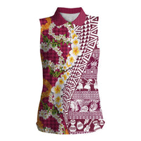 Hawaiian Plumeria Lei Women Sleeveless Polo Shirt Kakau Motifs and Palaka Half Style Pink Color LT03 Female Pink - Polynesian Pride