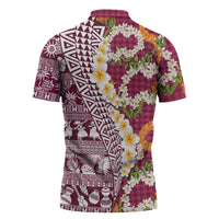 Hawaiian Plumeria Lei Zipper Polo Shirt Kakau Motifs and Palaka Half Style Pink Color LT03 - Polynesian Pride