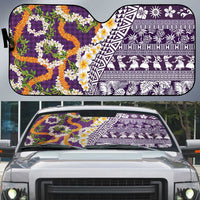 Hawaiian Plumeria Lei Auto Sun Shade Kakau Motifs and Palaka Half Style Purple Color LT03 Purple - Polynesian Pride