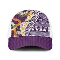 Hawaiian Plumeria Lei Baseball Net Cap Kakau Motifs and Palaka Half Style Purple Color LT03 One Size White Purple - Polynesian Pride